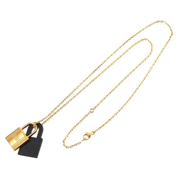 HERMES O'Kelly Necklace Pendant Swift Black Gold Cadena motif 90274227